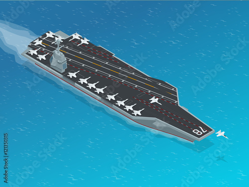 Fotoobraz na płótnie Statki powietrzne przydzielone temu lotniskowemu lotniskowemu. Izometryczny wektor Navy Nuclear Aircraft carrier