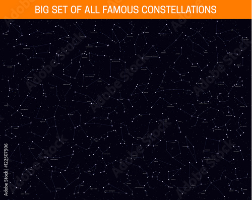 Plakat Duży zestaw wszystkich słynnych konstelacji, nowoczesnych astronomicznych znaków zodiaku. Sky Map z nazwą gwiazd i konstelacji.