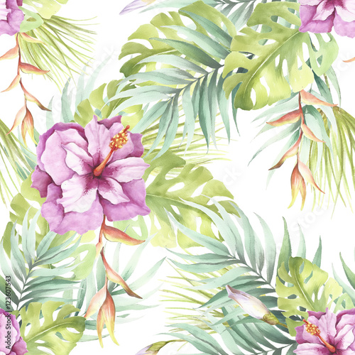  Seamless pattern with tropical flowers. Watercolor illustration.