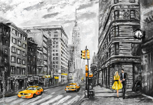  oil painting on canvas, street view of New York, man and woman, yellow taxi, modern Artwork, New York in gray and yellow colors, American city, illustration New York