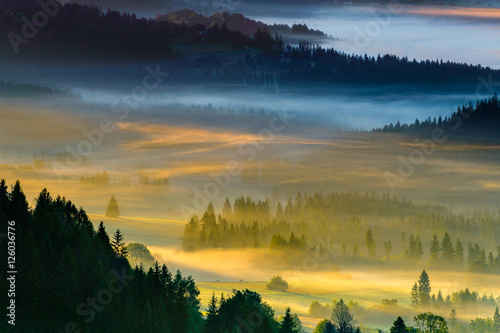 Fototapeta Landscape of Misty morning in the mountains,Poland Koniakow