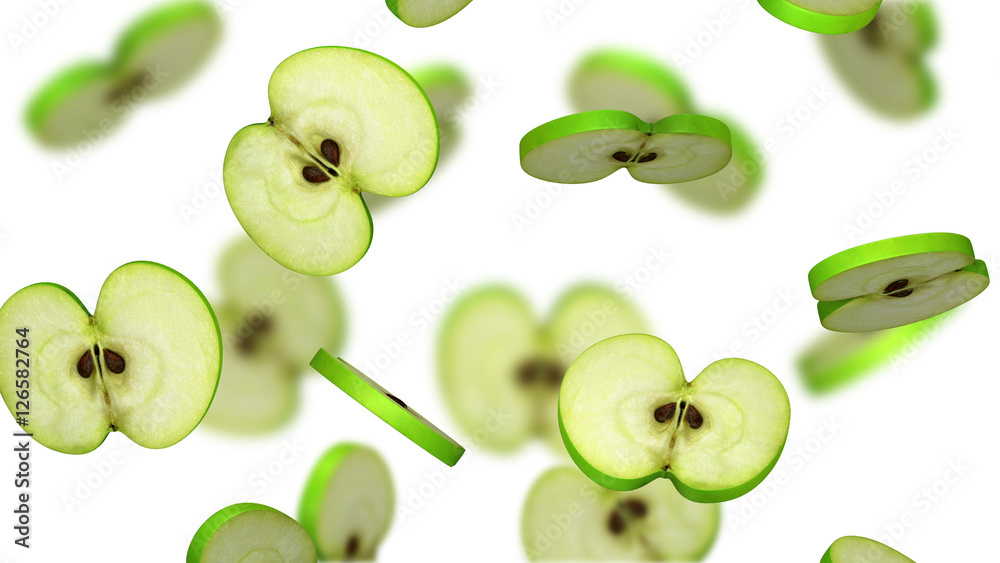 Sections of green apple falling on white background, 3d illustration