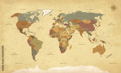 Fototapeta Textured vintage world map - English/US Labels - Vector CMYK