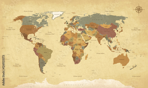 Planisphère Mappemonde Vintage - Textes en français. Vecteur CMJN