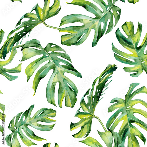  Seamless watercolor illustration of tropical leaves, dense jungle. Hand painted. Banner with tropic summertime motif may be used as background texture, wrapping paper, textile or wallpaper design.