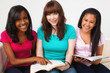 Multicultural group of teenage girls reading and studying. Student. Multicultural group of teenage girls reading and studying. Student.
