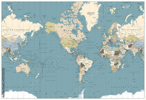 Fototapeta World Map retro colors illustration - America Centered World Map