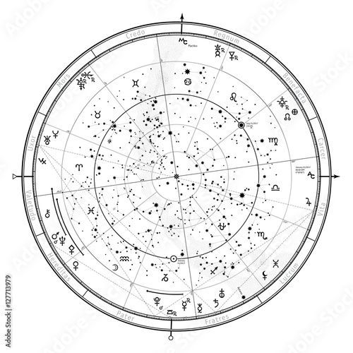 Zdjęcie XXL Astrologiczna Niebiańska mapa półkuli północnej. Horoskop 1 stycznia 2017 r. (00:00 GMT). Szczegółowy wykres z symbolami i znakami zodiaku, planet, asteroid itp.