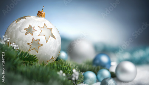 Weihnachtskugeln Arrangement in Nahaufnahme, mit Textfreiraum