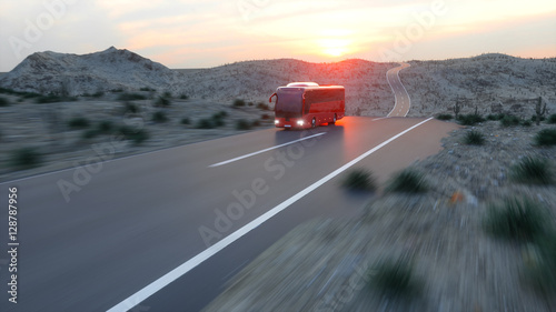 Zdjęcie XXL turystyczny czerwony autobus na autostradzie. Szybka jazda. realistyczne renderowanie 3d.