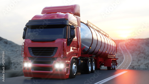 Plakat Benzyna cysterna, przyczepa olejowa, ciężarówka na autostradzie. Bardzo szybka jazda. 3d rendering.