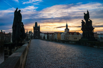 Charles bridge (Karluv most) at dawn. Prague, Czech Republic.
