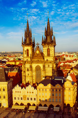 Old Town Square with Church of Our Lady before Tyn in eastern european Czech capital Prague - sunny view from Town Hall