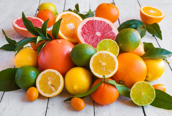 Various citrus fruits (orange, grapeftuit, lemon, mandarine, lime)