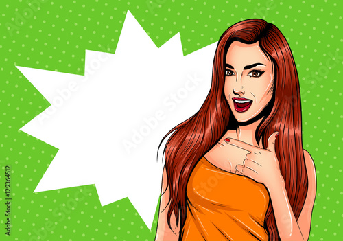 Zdjęcie XXL Pop Art Vintage reklamowy plakat komiks dziewczyna z dymek. Ładna dziewczyna wskazuje na stronę