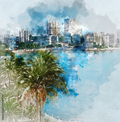 Fototapeta Digital watercolor painting of Albufereta skyline. Spain