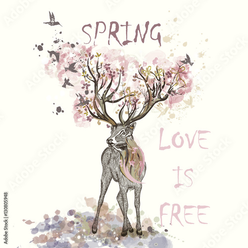  illustration with hand drawn deer, flowers in it horns and bran