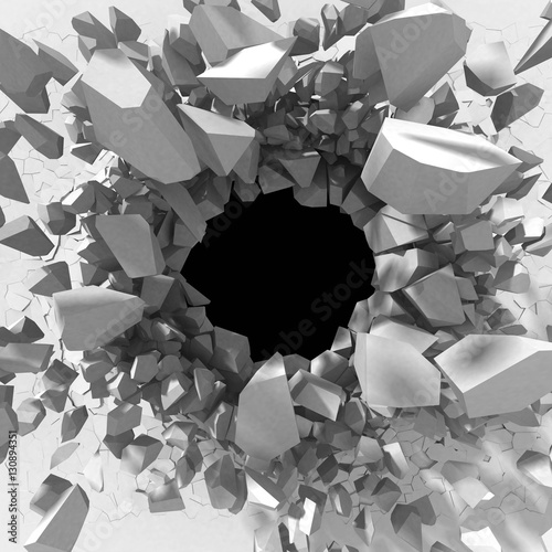 Fototapeta na wymiar Cracked destruction of a white wall. Abstract demolition backgro