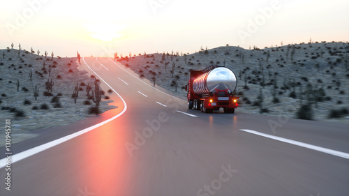 Plakat Benzyna cysterna, przyczepa olejowa, ciężarówka na autostradzie. Bardzo szybka jazda. 3d rendering.