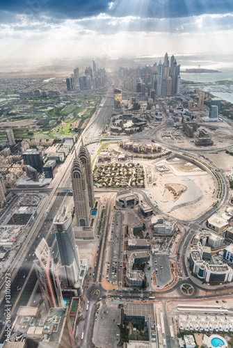 Dubai, UAE. City skyline at dusk, aerial view