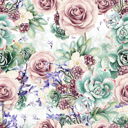 Fototapeta Beautiful watercolor pattern with succulents and lavender, rose. Blackberries. Illustrations.