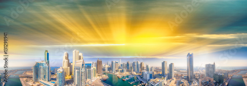 Dubai Marina at dusk, aerial view