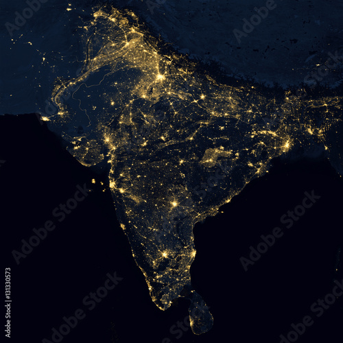 City lights on world map. India.