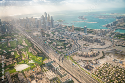 Downtown Dubai from the air. Sheikh Zayed road, skyscrapers and