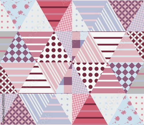  Ethnic patchwork pattern in pink and grey tones. Seamless background. Vector illustration of quilting.