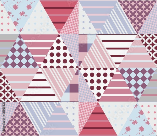 Ethnic patchwork pattern in pink and grey tones. Seamless background. Vector illustration of quilting.