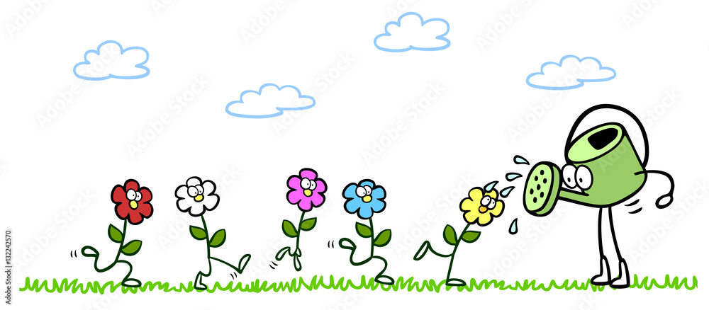 Cartoon Gießkanne beim Blumen gießen im Garten