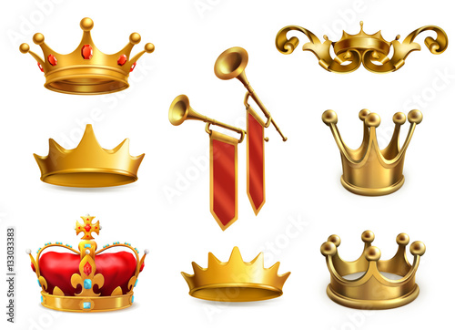 Gold crown of the king. 3d vector icon set