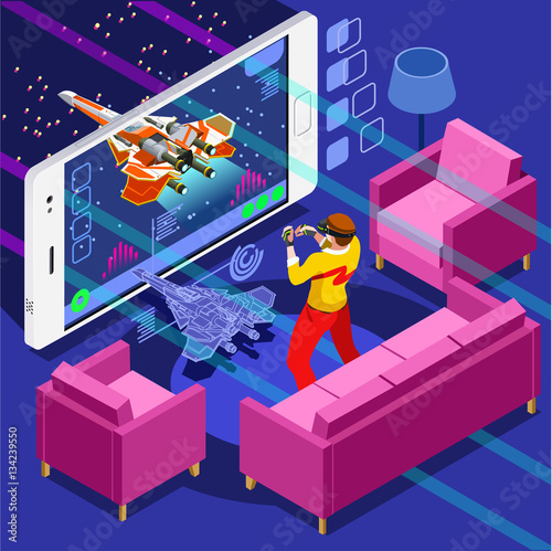 Fotoobraz na płótnie Zręcznościowa gra wideo ekran i gamer osoba gaming online z kontrolerem konsoli android telefonem lub komputerem. Zestaw ikon ludzi izometryczny 3D. Kolekcja kreatywnych wektor ilustracja