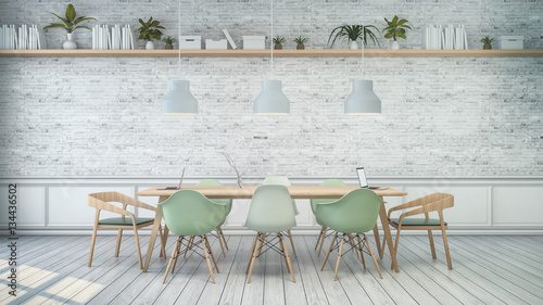 Fotoobraz na płótnie Minimalistyczne wnętrze, biały pokój z zielonym krzesłem i drewnianym stołem, biały mur. Skandynawski styl. 3D render