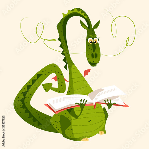 Plakat Dragon siedzi i czyta książkę. Diada de Sant Jordi (Dzień Świętego Jerzego). Tradycyjny festiwal w Katalonii, w Hiszpanii.