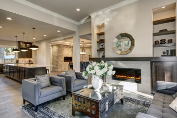 Chic living room filled with built-in fireplace