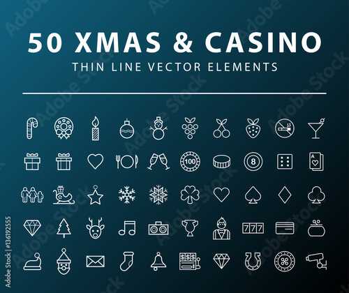 Set of 50 Minimal Thin Line Christmas and Casino Icons on Dark Background. Isolated Vector Elements