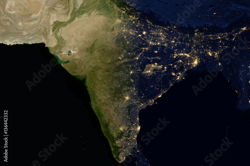 City lights on world map. India.