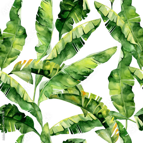  Seamless watercolor illustration of tropical leaves, dense jungle. Pattern with tropic summertime motif may be used as background texture, wrapping paper, textile,wallpaper design. Banana palm leaves