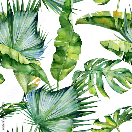  Seamless watercolor illustration of tropical leaves, dense jungle. Pattern with tropic summertime motif may be used as background texture, wrapping paper, textile,wallpaper design. 
