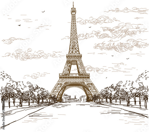  Landscape with Eiffel tower in brown colors on white background