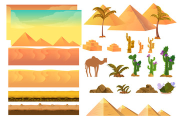 Desert seamless background elements, cartoon illustration for mobile app, web, game with cactuses.