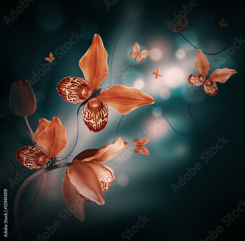 Amazing butterflies from the petals of orchids, floral background. Flowers and insects.
