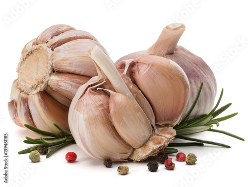 Garlic bulb and rosemary herb still life isolated on white background cutout