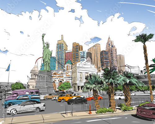 Zdjęcie XXL Las Vegas miasta ręcznie rysowane. Stany Zjednoczone Ameryki. Nevada. Uliczny nakreślenie, wektorowa ilustracja