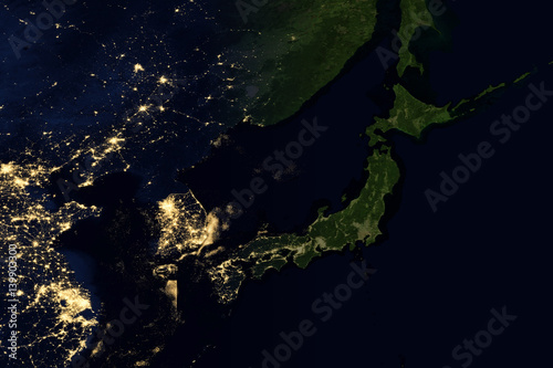 City lights on world map. Japan.