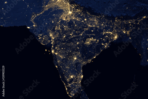 City lights on world map. India.
