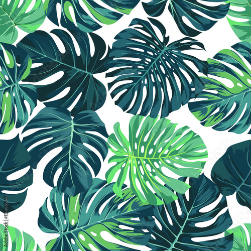  Vector seamless pattern with green monstera palm leaves on dark background. Summer tropical fabric design.