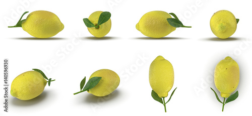 One ripe lemon with leaves renders set from different angles on a white. 3D illustration