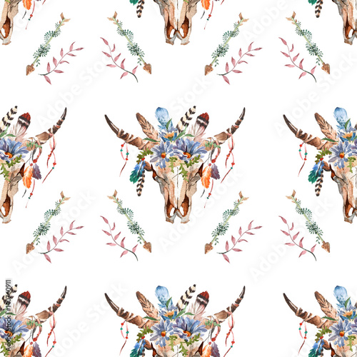  Watercolor boho skull Boho watercolor seamless pattern with feathers, flowers